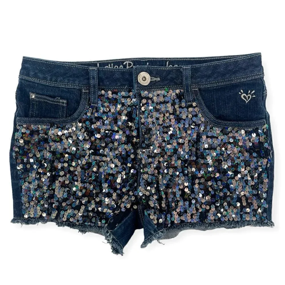 Justice Girl’s Full Sequin Front Frayed Hem Premium Denim Shorts Size 12.5